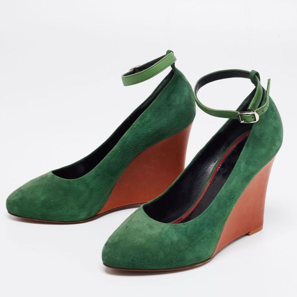 Celine Green Suede Wedge Ankle Strap Pumps Size 39 - Picture 2 of 4